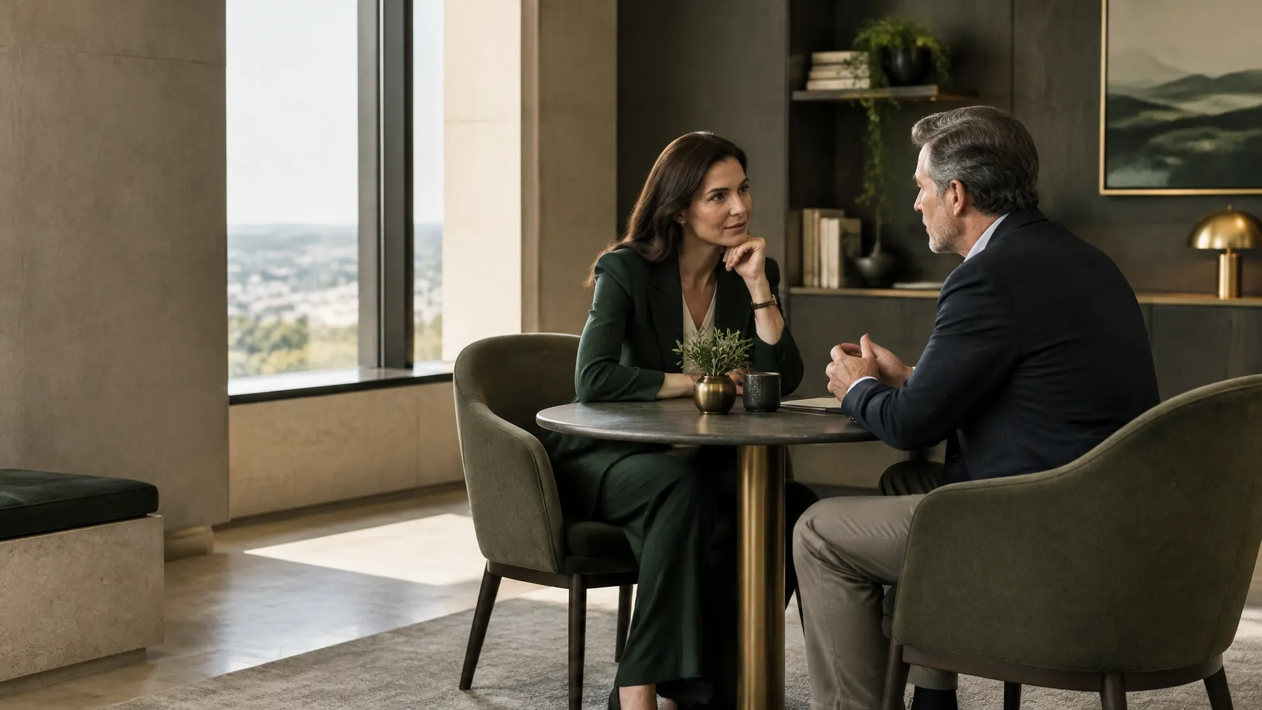An advisor and client having a private conversation